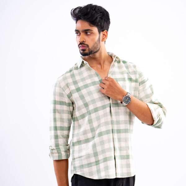 Sage Green Rustic Grid Dobby Cotton Shirt - Image 2