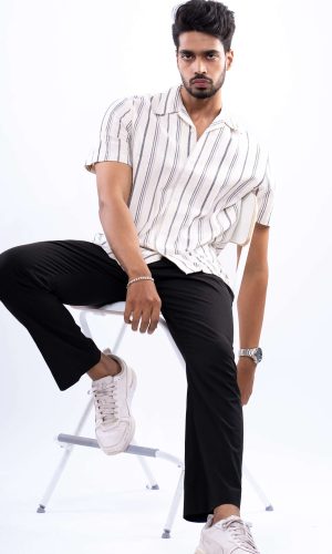 Ivory Stripe Linear Flow Cuban Collar Shirt